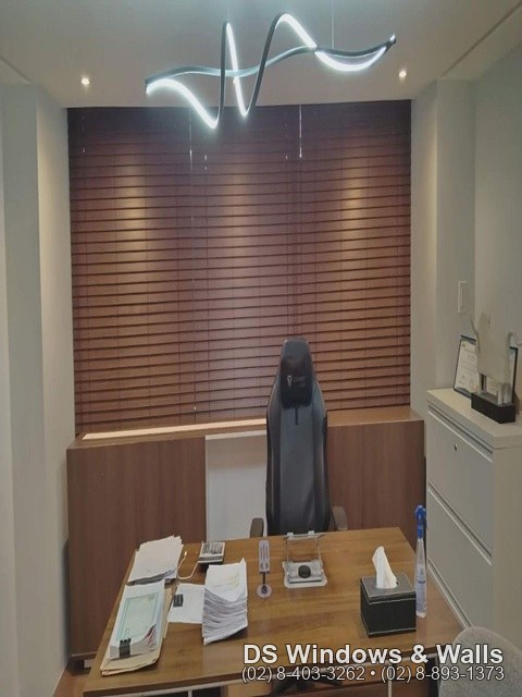 foam wood blinds closed, modern office lighting, Quezon City