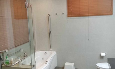 Faux wood blinds in a bathroom
